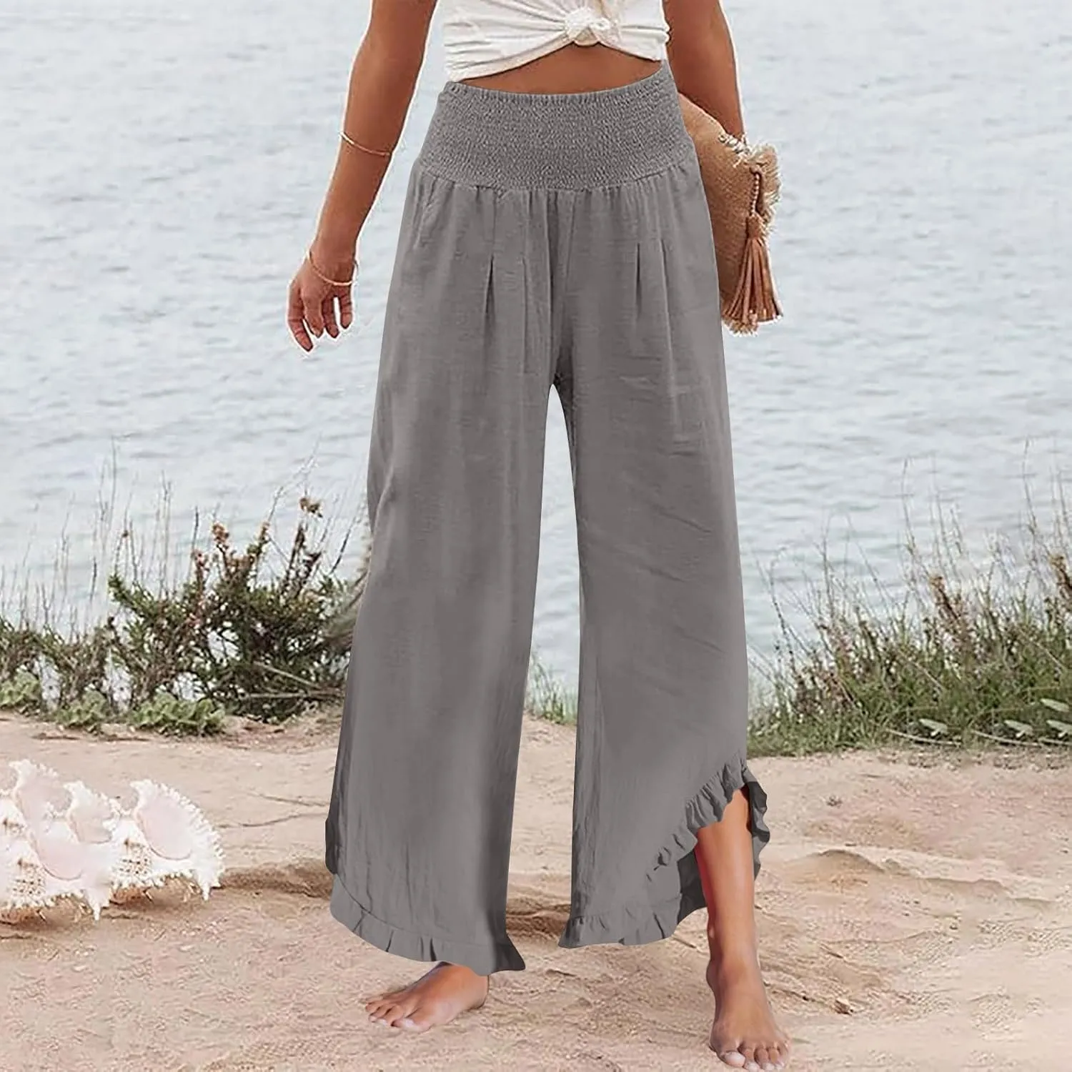Linen Wide Leg Pants for Women Loose High Waist Straight Elastic Waist Casual Linen Outfits Women