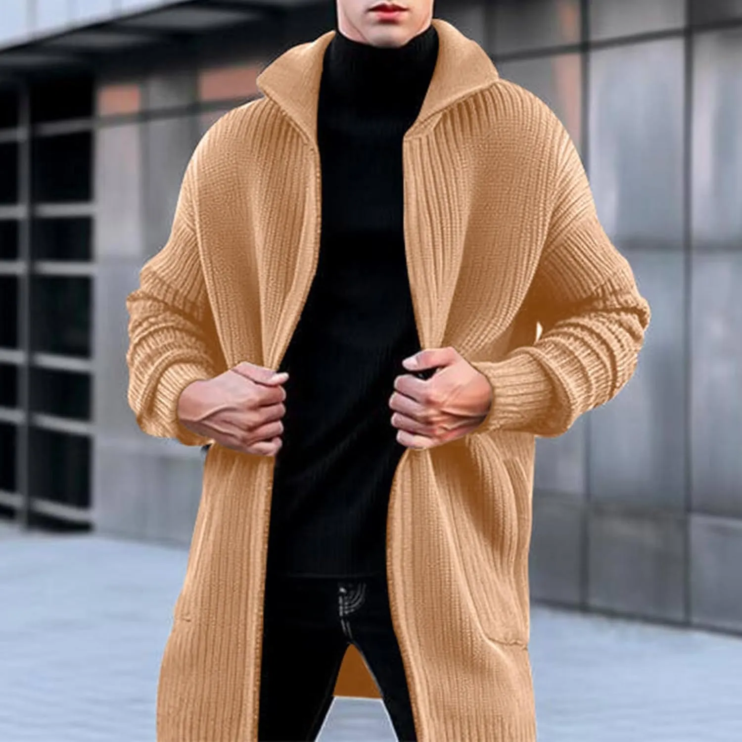 Men Knitted Midi Cardigan Coats Casual Knit Pleated Open Front Sweater Jacket Winter Long Sleeve Lapel Warm Outwear
