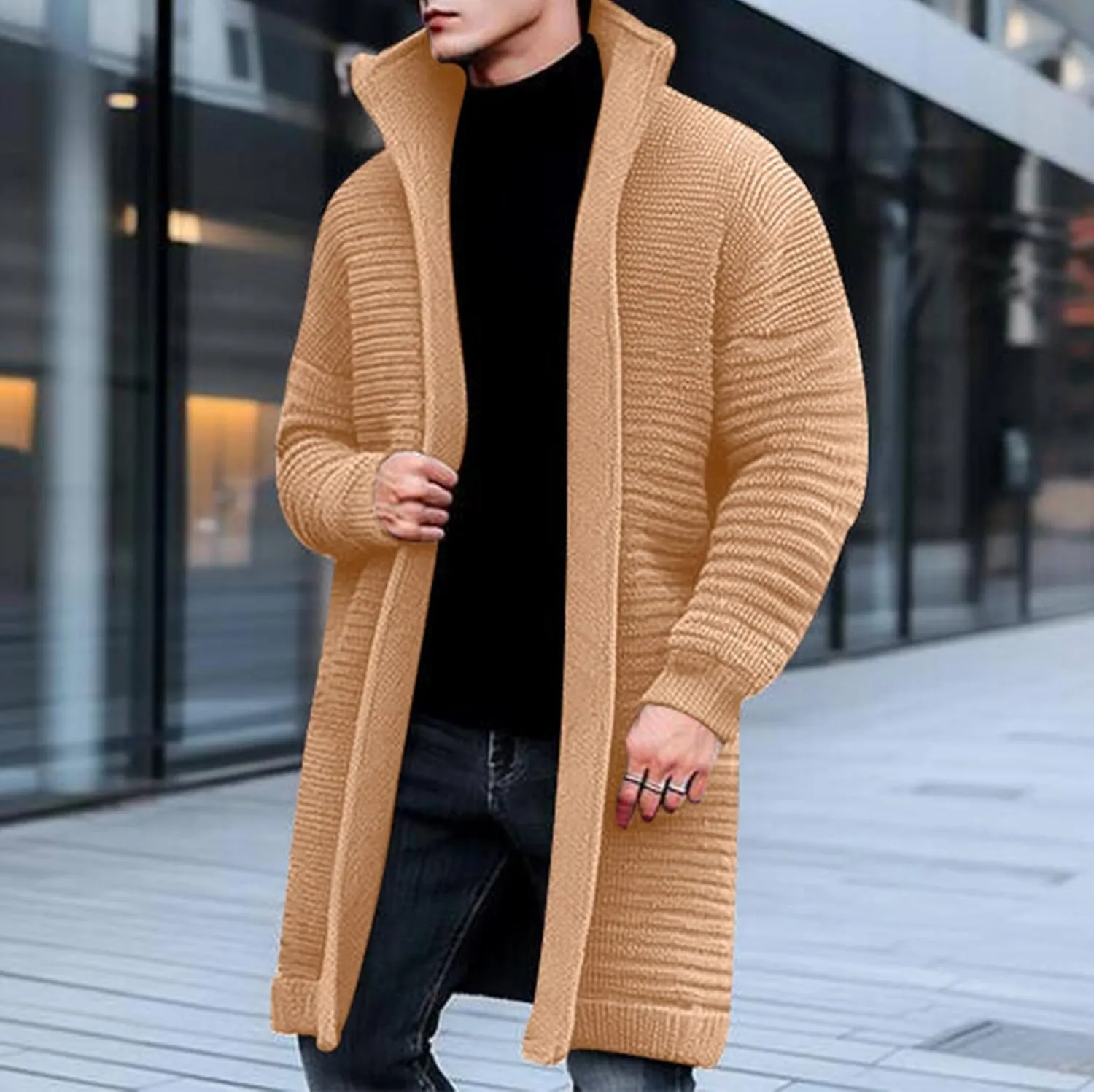 Men Knitted Midi Cardigan Coats Casual Knit Pleated Open Front Sweater Jacket Winter Long Sleeve Lapel Warm Outwear