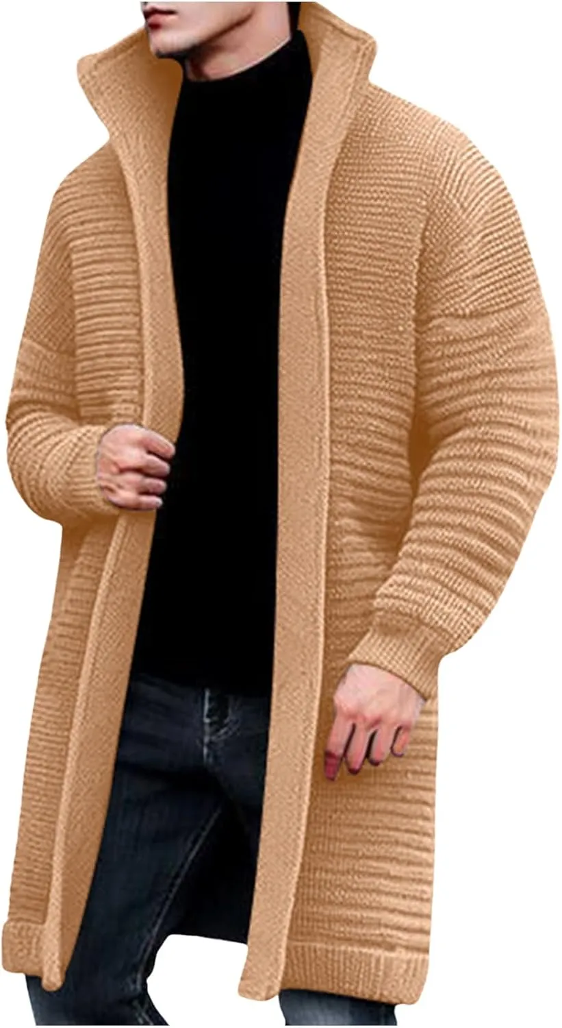 Men Knitted Midi Cardigan Coats Casual Knit Pleated Open Front Sweater Jacket Winter Long Sleeve Lapel Warm Outwear