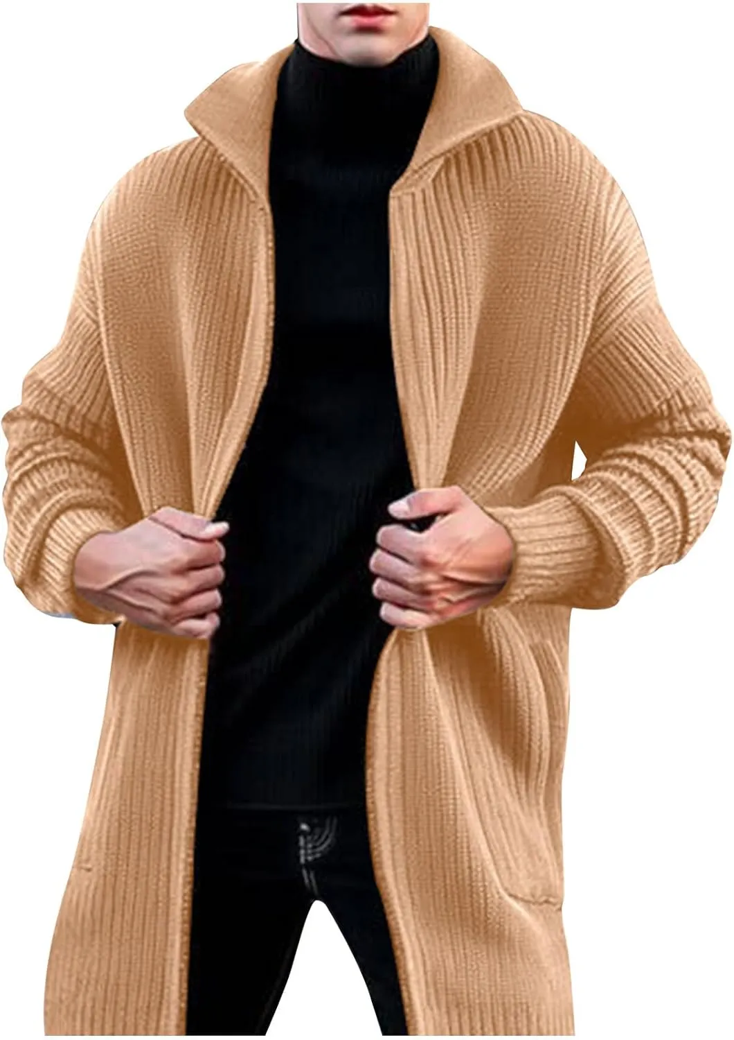 Men Knitted Midi Cardigan Coats Casual Knit Pleated Open Front Sweater Jacket Winter Long Sleeve Lapel Warm Outwear