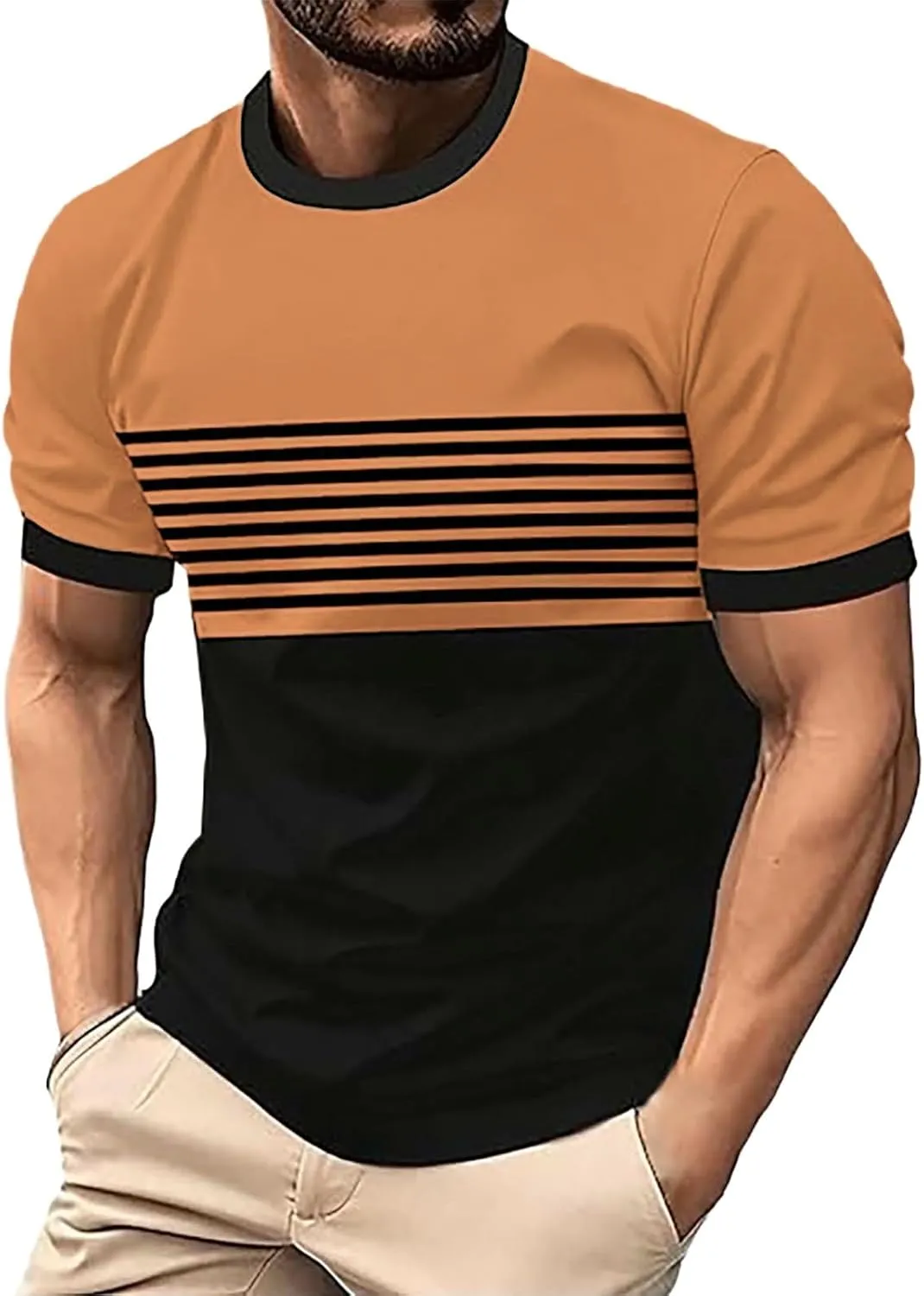 Men's Color Block Striped T Shirt Crew Neck Short Sleeve Fashion Tee Casual Summer Top Stylish Outings BBQ Big and Tall