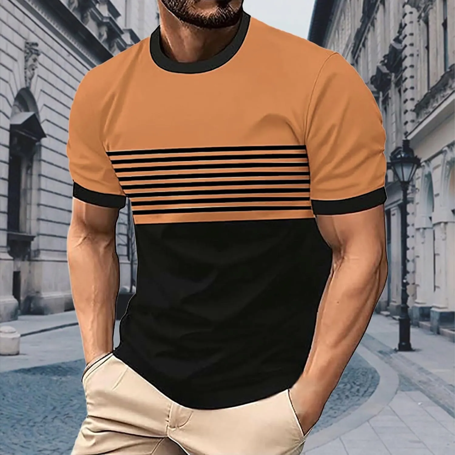 Men's Color Block Striped T Shirt Crew Neck Short Sleeve Fashion Tee Casual Summer Top Stylish Outings BBQ Big and Tall