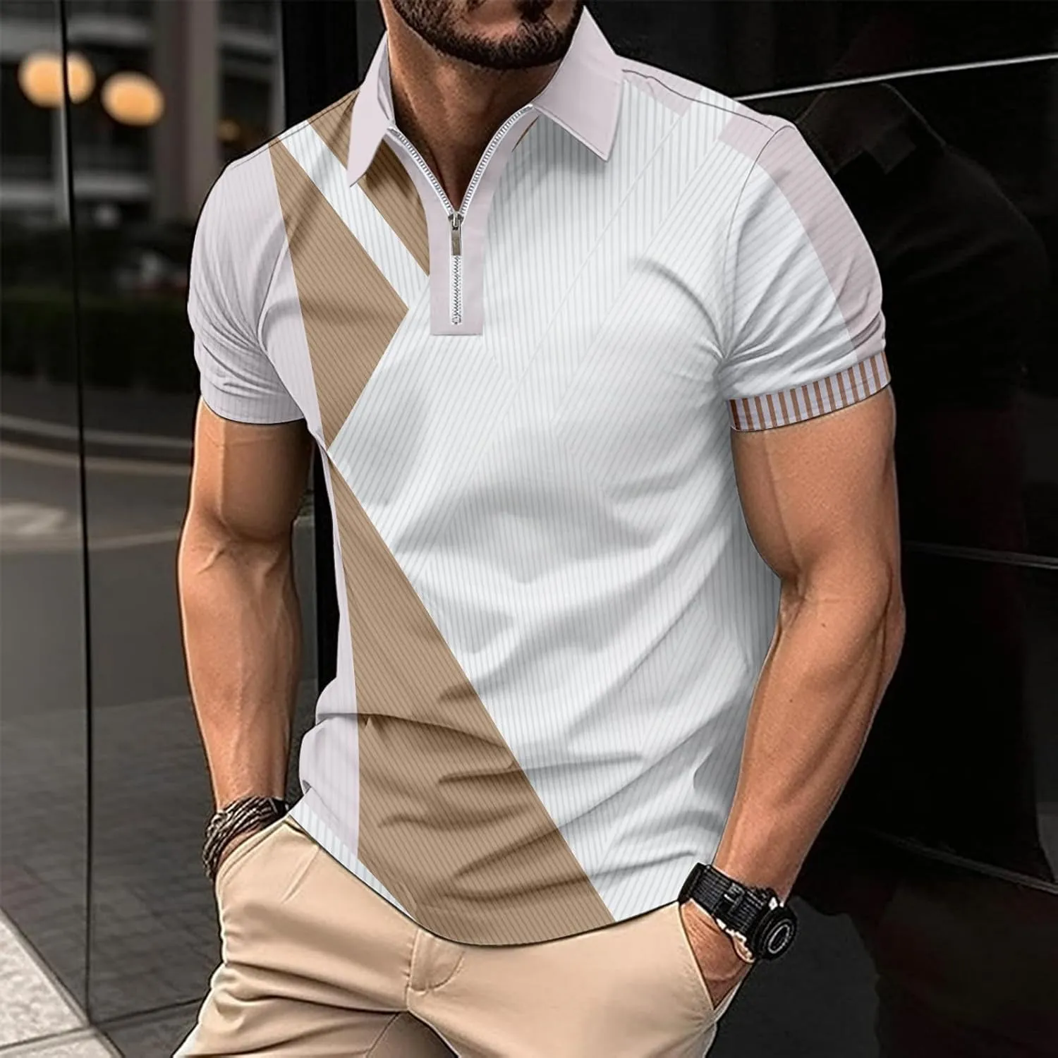 Mens Fashion Polo Shirts Casual Short Sleeve T Shirt Striped Moisture Wicking Golf Shirts Tops Spring Summer Pullover