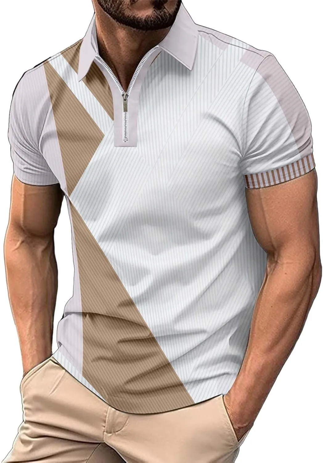Mens Fashion Polo Shirts Casual Short Sleeve T Shirt Striped Moisture Wicking Golf Shirts Tops Spring Summer Pullover