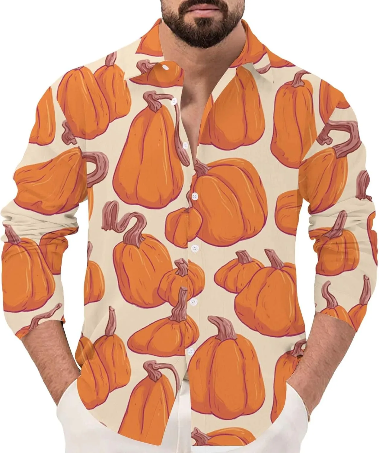 Mens Halloween Christmas Shirts Novetly Pumpkin Printed Long Sleeve Button Down Shirt Party Aloha Beach Hippie Tees