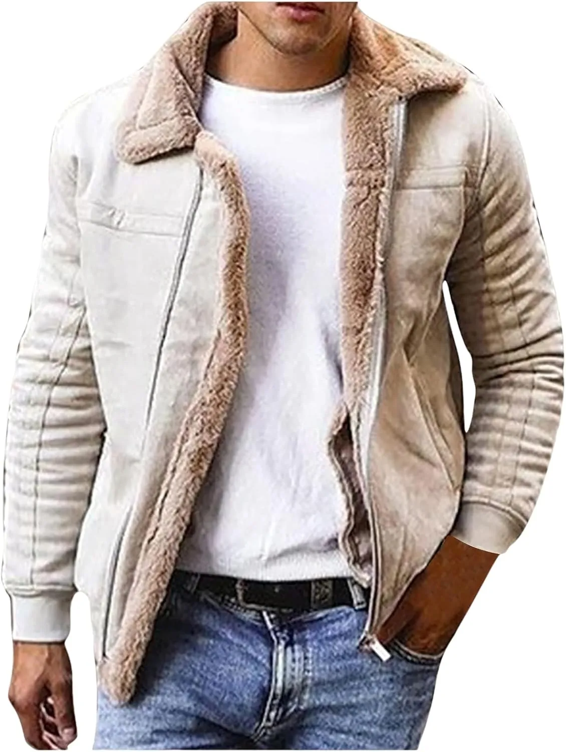Mens Lamb Wool Bomber Coats Fleece Lined Jackets Long Sleeve Faux Leather Sherpa Jacket Heavyweight Winter Warm Top