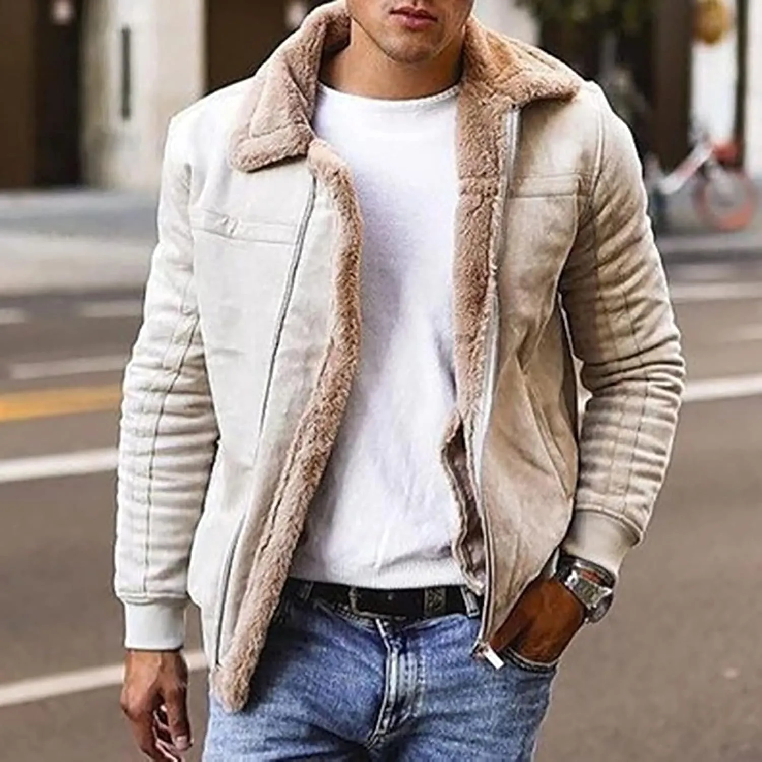 Mens Lamb Wool Bomber Coats Fleece Lined Jackets Long Sleeve Faux Leather Sherpa Jacket Heavyweight Winter Warm Top