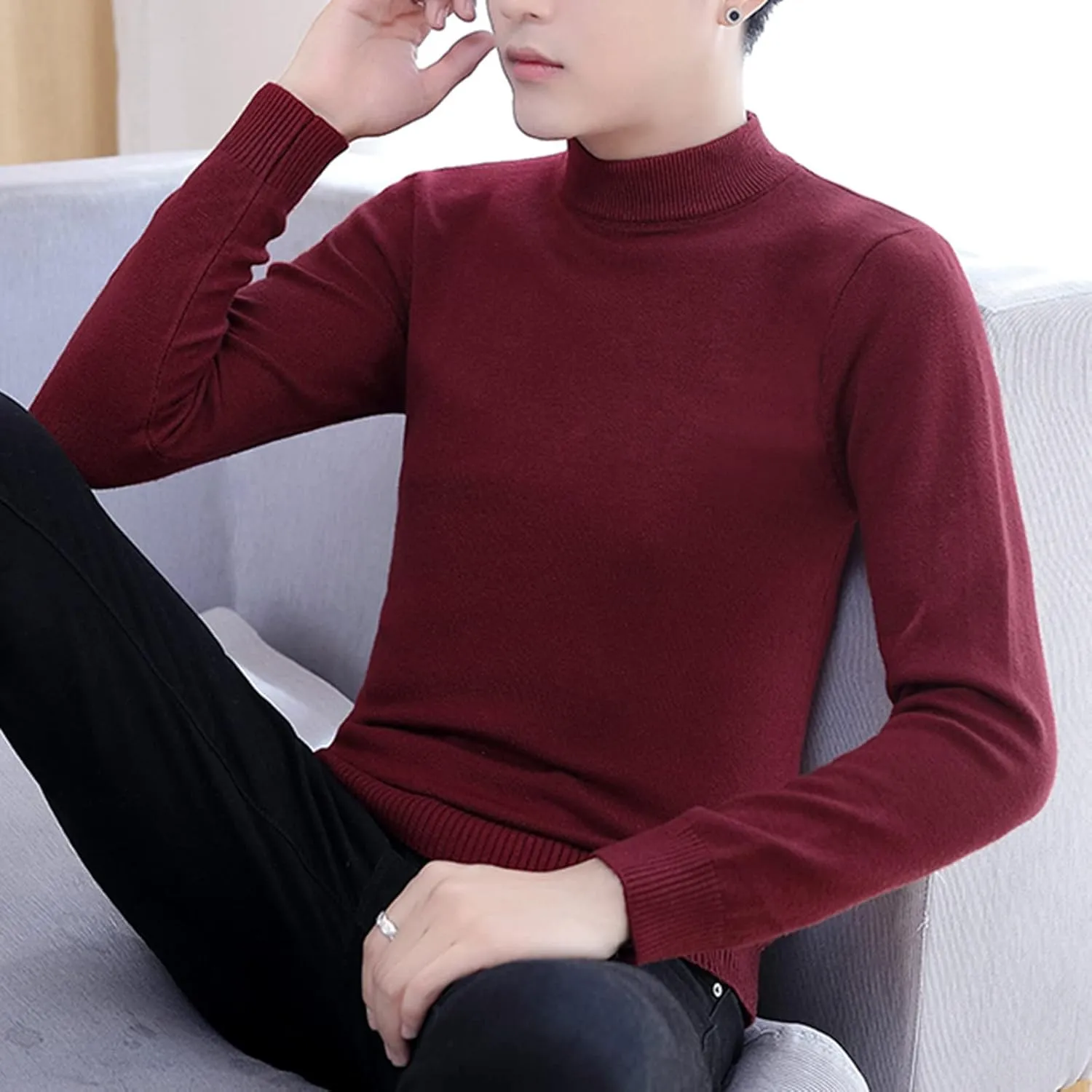 Men's Mock Turtleneck Knit Sweater Long Sleeve Pullover Sweaters Round Neck Knit Sweater Korean Slim Base Sweater