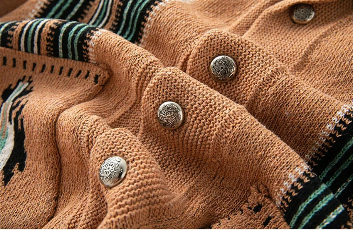Men's Shawl Aztec Print Cardigan Sweater Thicken Button Down Western Tribal Loose Cardigans Tops with Pockets