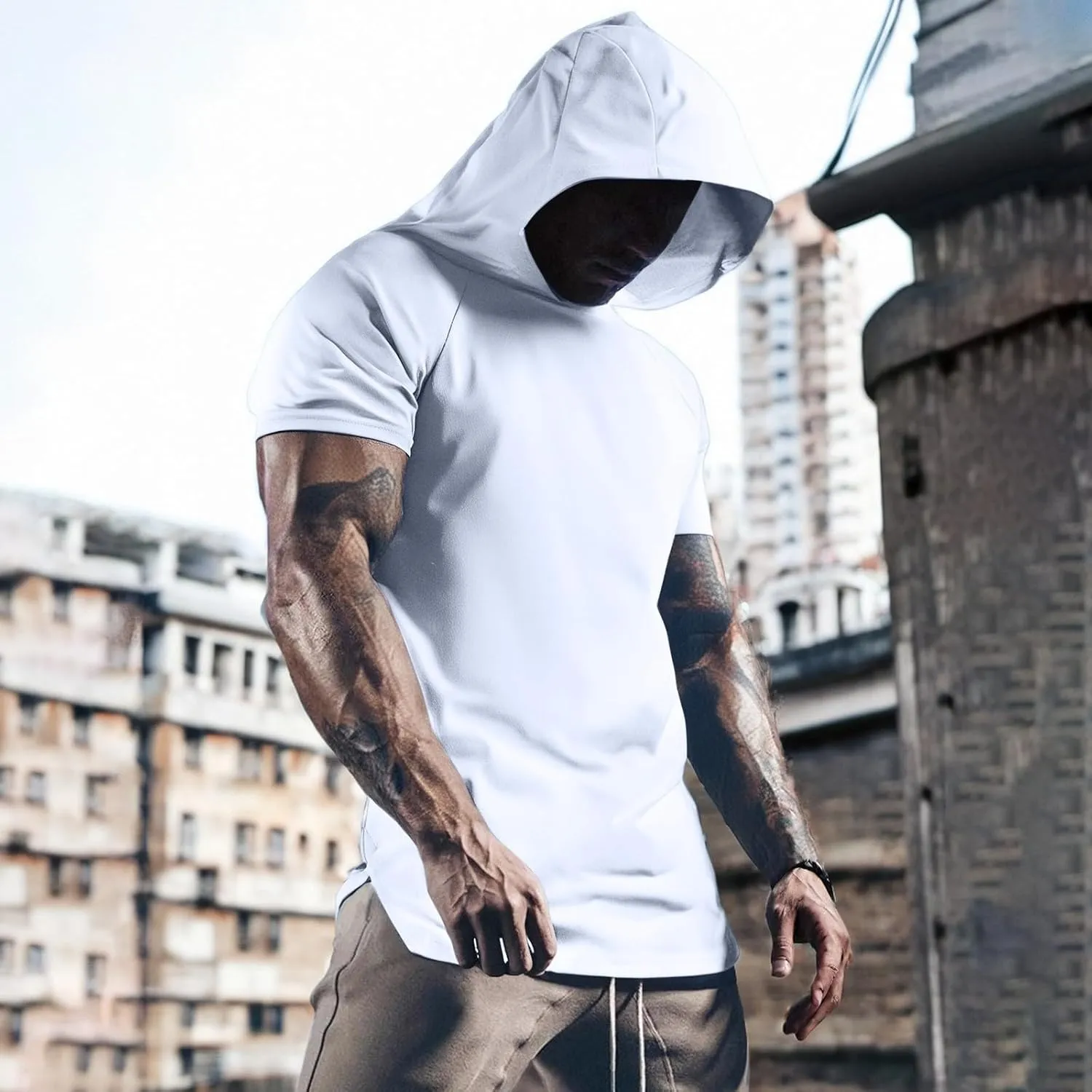 Men's Short Sleeve Hoodie Workout Gym Sweatshirts Athletic Training Sweat Shirts Dry Fit Solid Color Hooded T-Shirt