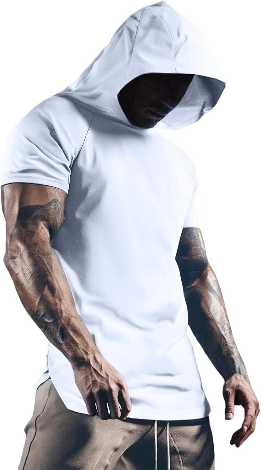Men's Short Sleeve Hoodie Workout Gym Sweatshirts Athletic Training Sweat Shirts Dry Fit Solid Color Hooded T-Shirt