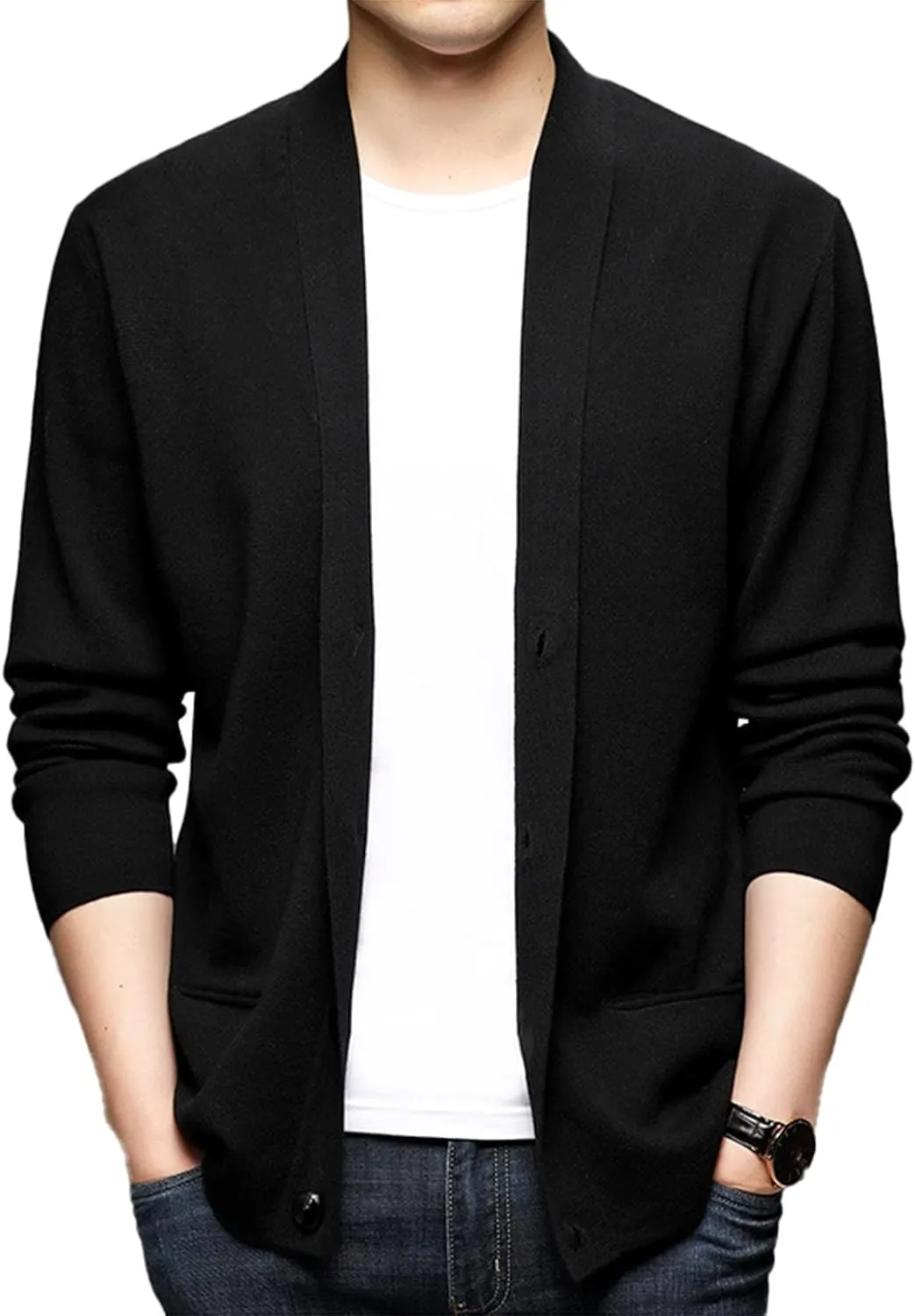 Men's Sweater Shawl Collar Solid Color Knit Cardigans Button Down Open Front Knitwear Jackets with Pockets