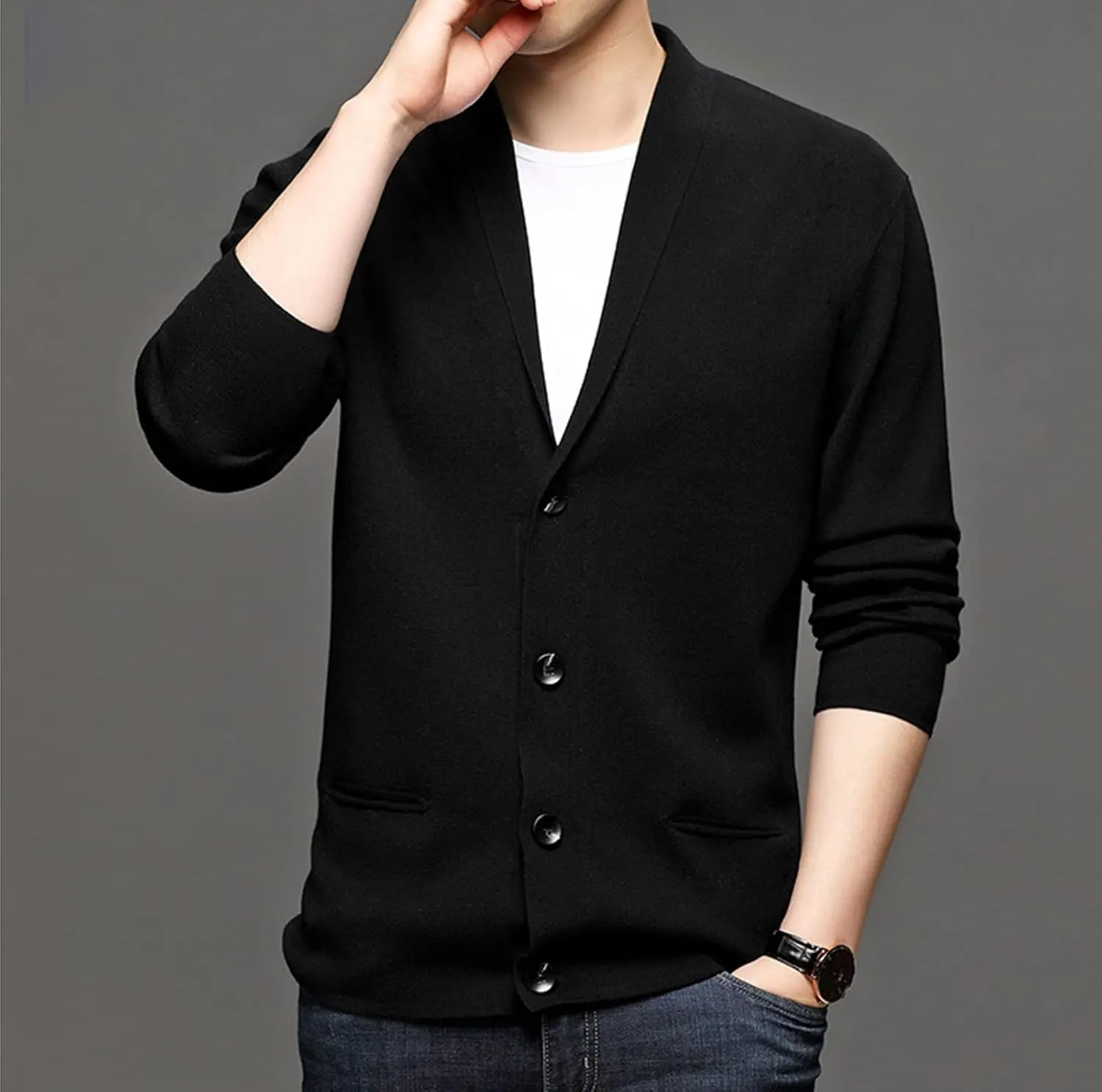 Men's Sweater Shawl Collar Solid Color Knit Cardigans Button Down Open Front Knitwear Jackets with Pockets