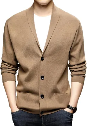 Men's Sweater Shawl Collar Solid Color Knit Cardigans Button Down Open Front Knitwear Jackets with Pockets