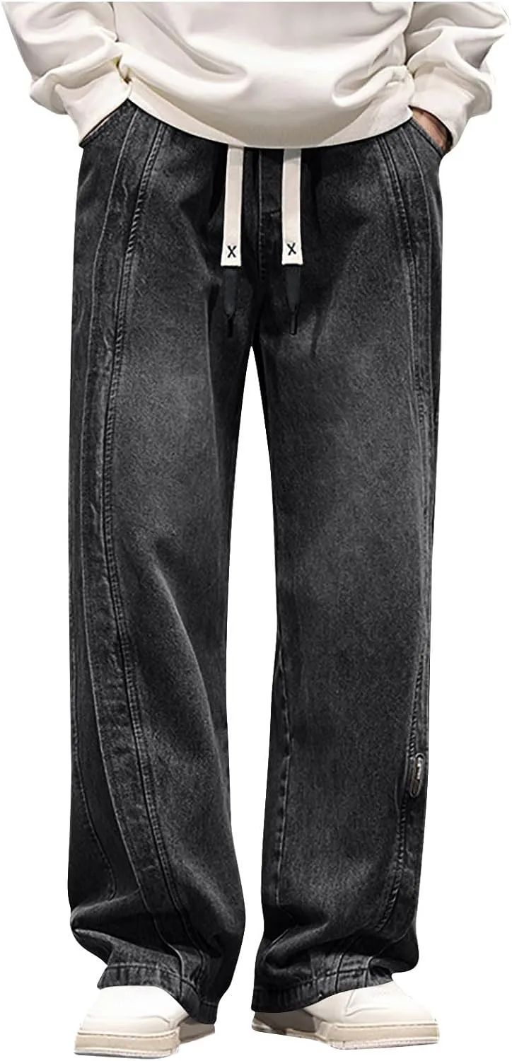 Mens Y2K Baggy Jeans Relaxed Fit Skater Hip Pop Denim Pants Elastic Waist Drawstring Straight Streetwear Jeans