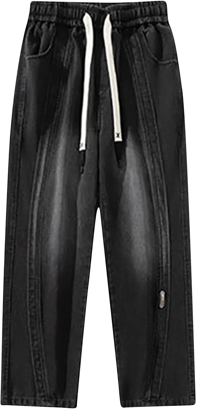 Mens Y2K Baggy Jeans Relaxed Fit Skater Hip Pop Denim Pants Elastic Waist Drawstring Straight Streetwear Jeans