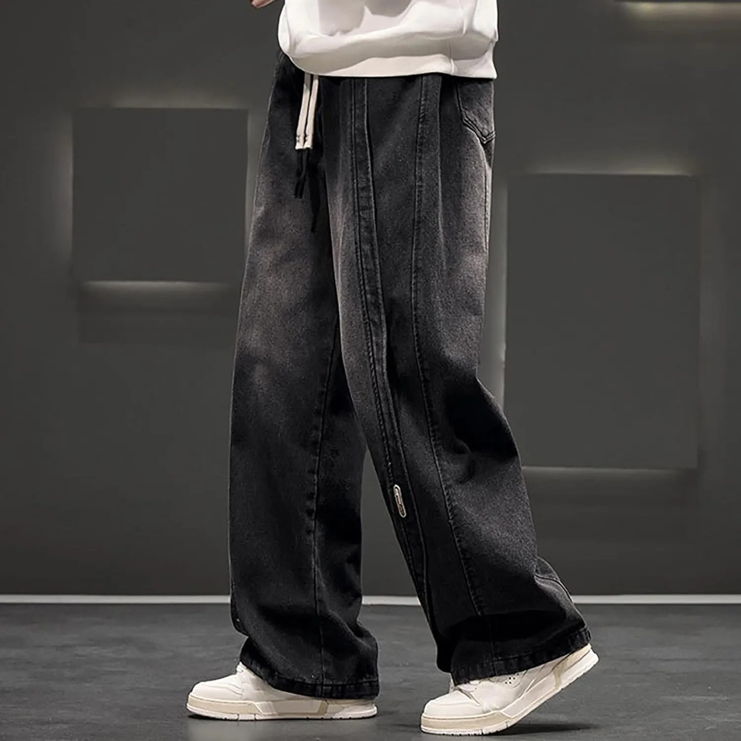 Mens Y2K Baggy Jeans Relaxed Fit Skater Hip Pop Denim Pants Elastic Waist Drawstring Straight Streetwear Jeans