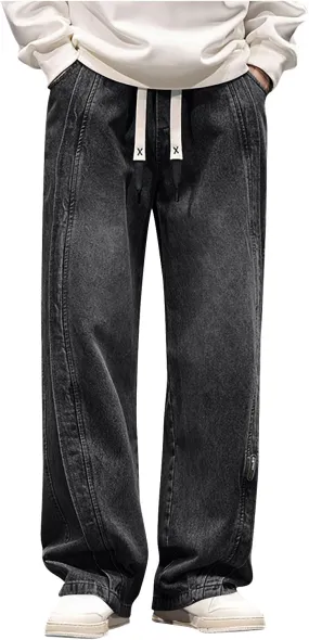 Mens Y2K Baggy Jeans Relaxed Fit Skater Hip Pop Denim Pants Elastic Waist Drawstring Straight Streetwear Jeans