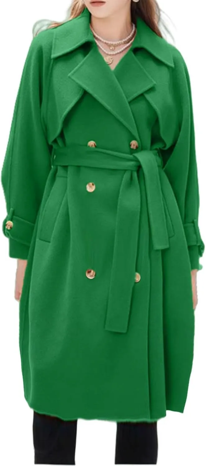 Notch Lapel Trench Coat for Women Wool Blend Winter Jackets Warm Double Breasted Midi Long Wool Pea Coat with Belts