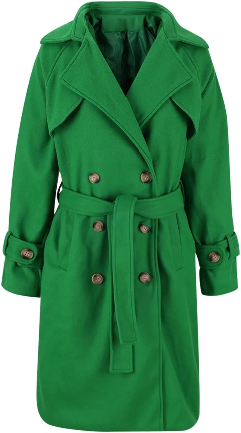 Notch Lapel Trench Coat for Women Wool Blend Winter Jackets Warm Double Breasted Midi Long Wool Pea Coat with Belts