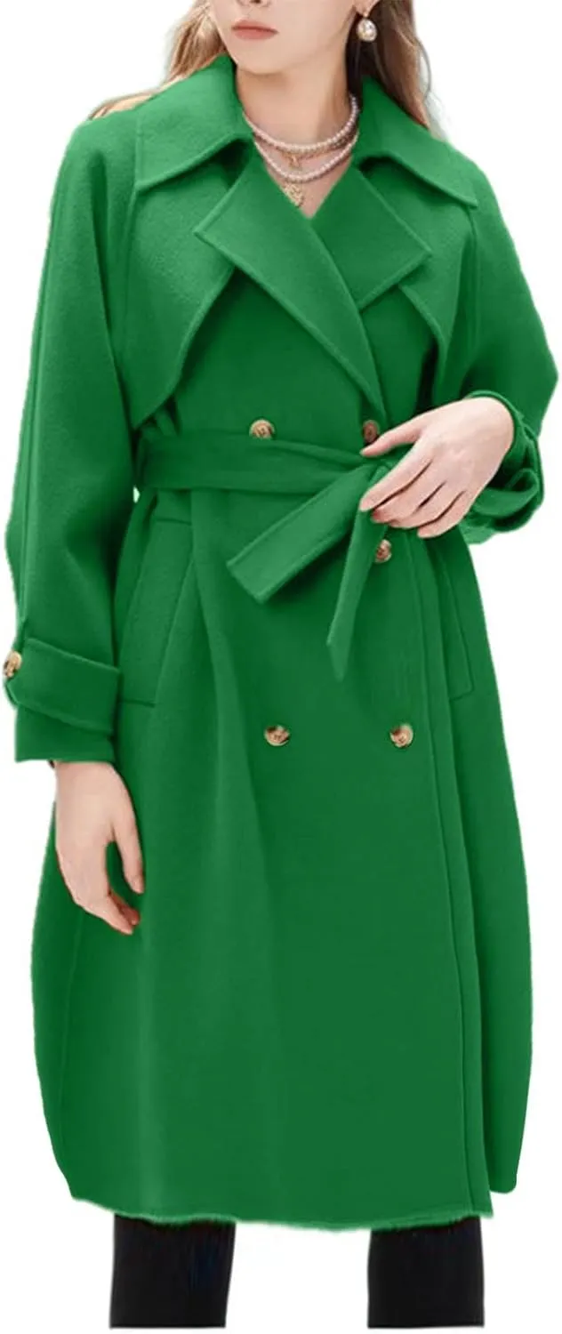 Notch Lapel Trench Coat for Women Wool Blend Winter Jackets Warm Double Breasted Midi Long Wool Pea Coat with Belts