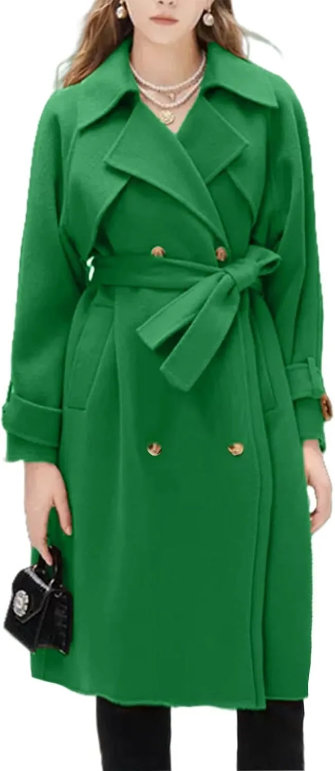 Notch Lapel Trench Coat for Women Wool Blend Winter Jackets Warm Double Breasted Midi Long Wool Pea Coat with Belts