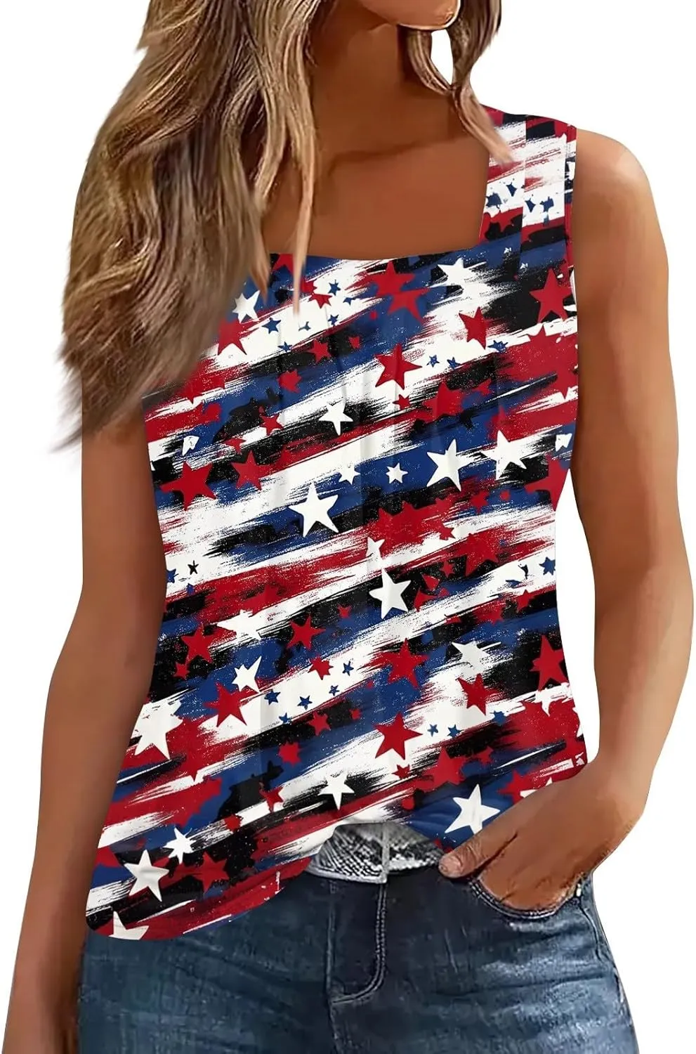 Red White and Blue Tank Top Women Pleated Square Neck Sleeveless Tops Loose Fit Curved Hem Flowy American Flag Shirt