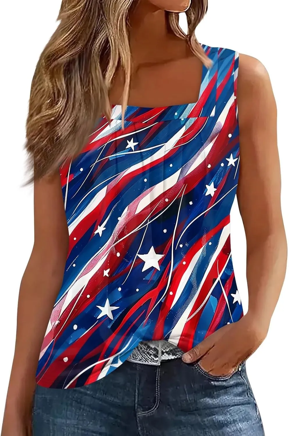 Red White and Blue Tank Top Women Pleated Square Neck Sleeveless Tops Loose Fit Curved Hem Flowy American Flag Shirt