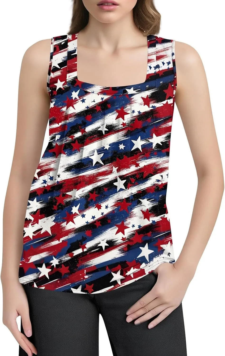 Red White and Blue Tank Top Women Pleated Square Neck Sleeveless Tops Loose Fit Curved Hem Flowy American Flag Shirt