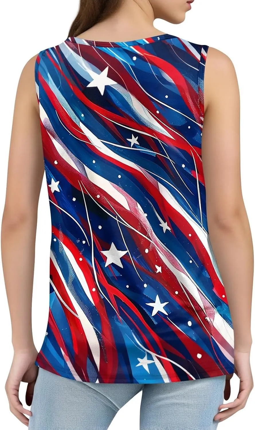 Red White and Blue Tank Top Women Pleated Square Neck Sleeveless Tops Loose Fit Curved Hem Flowy American Flag Shirt