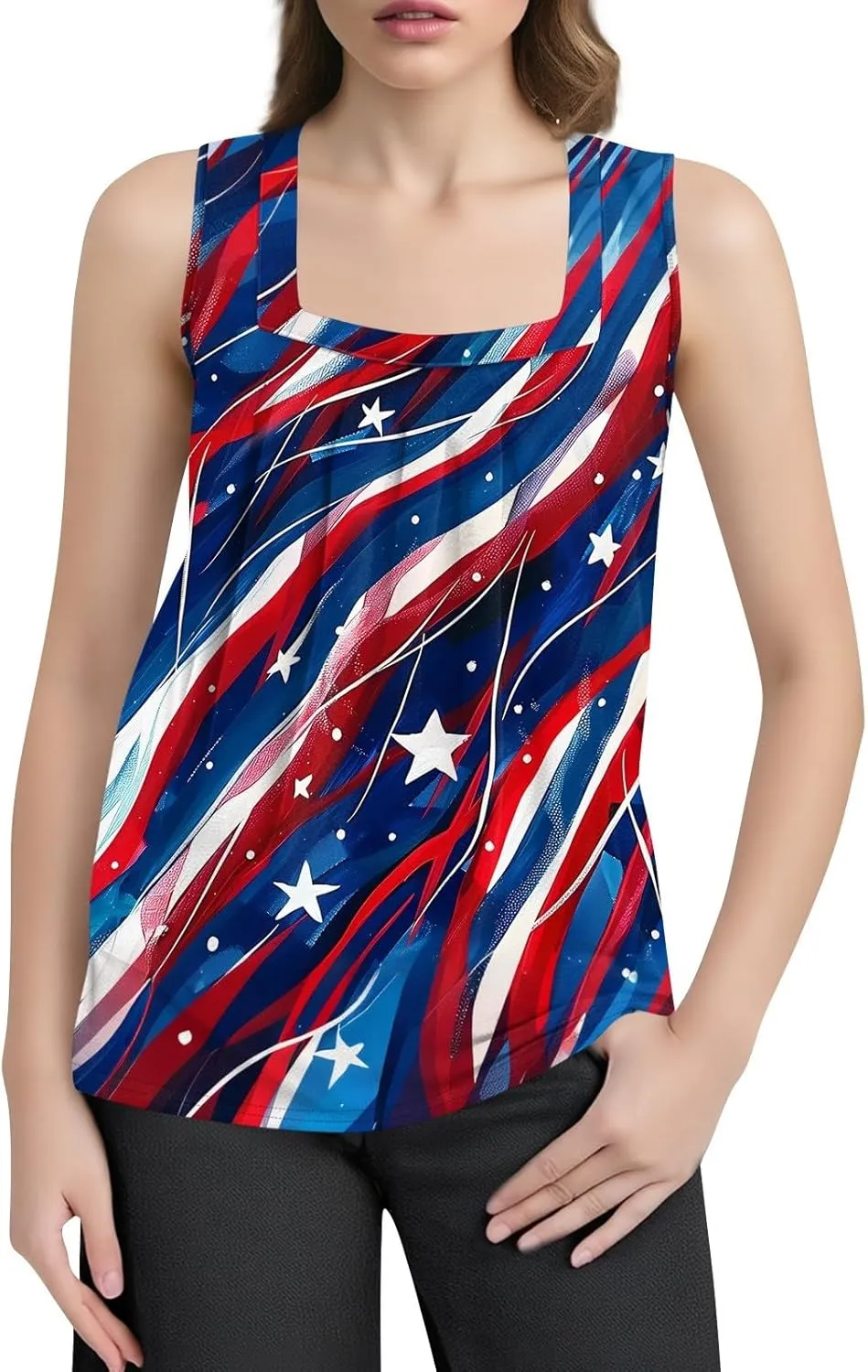 Red White and Blue Tank Top Women Pleated Square Neck Sleeveless Tops Loose Fit Curved Hem Flowy American Flag Shirt