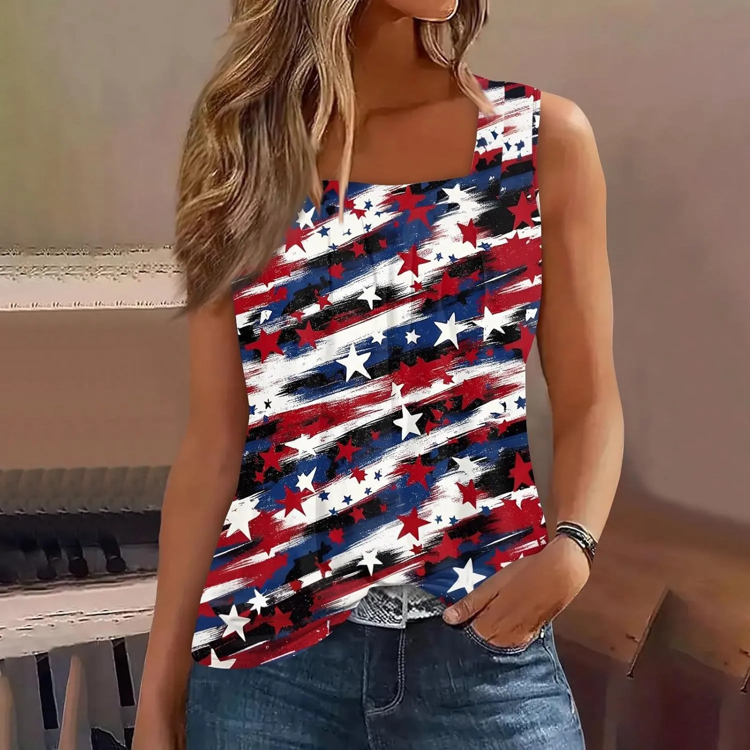 Red White and Blue Tank Top Women Pleated Square Neck Sleeveless Tops Loose Fit Curved Hem Flowy American Flag Shirt