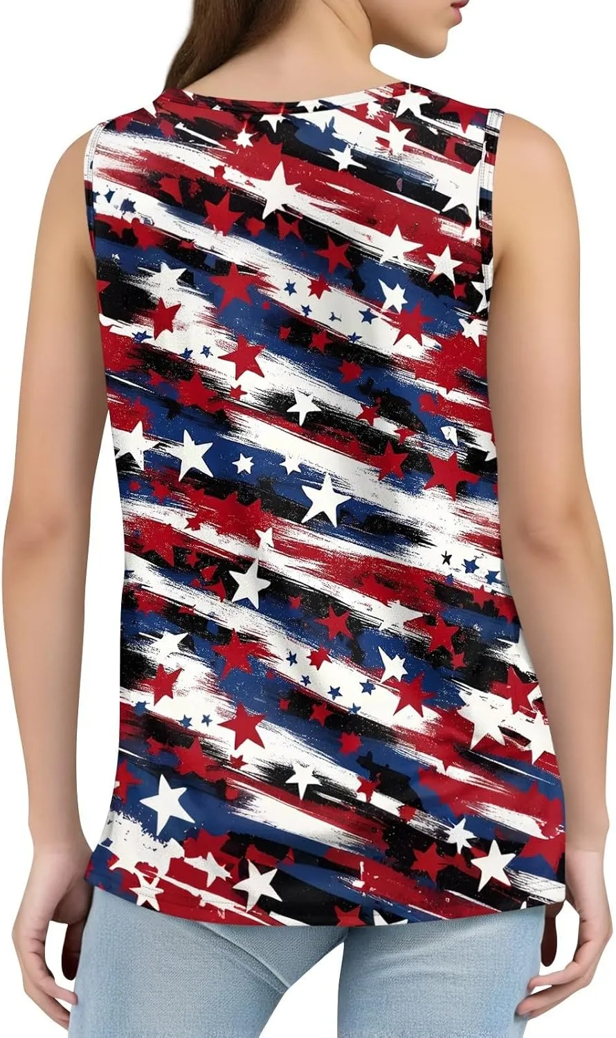 Red White and Blue Tank Top Women Pleated Square Neck Sleeveless Tops Loose Fit Curved Hem Flowy American Flag Shirt
