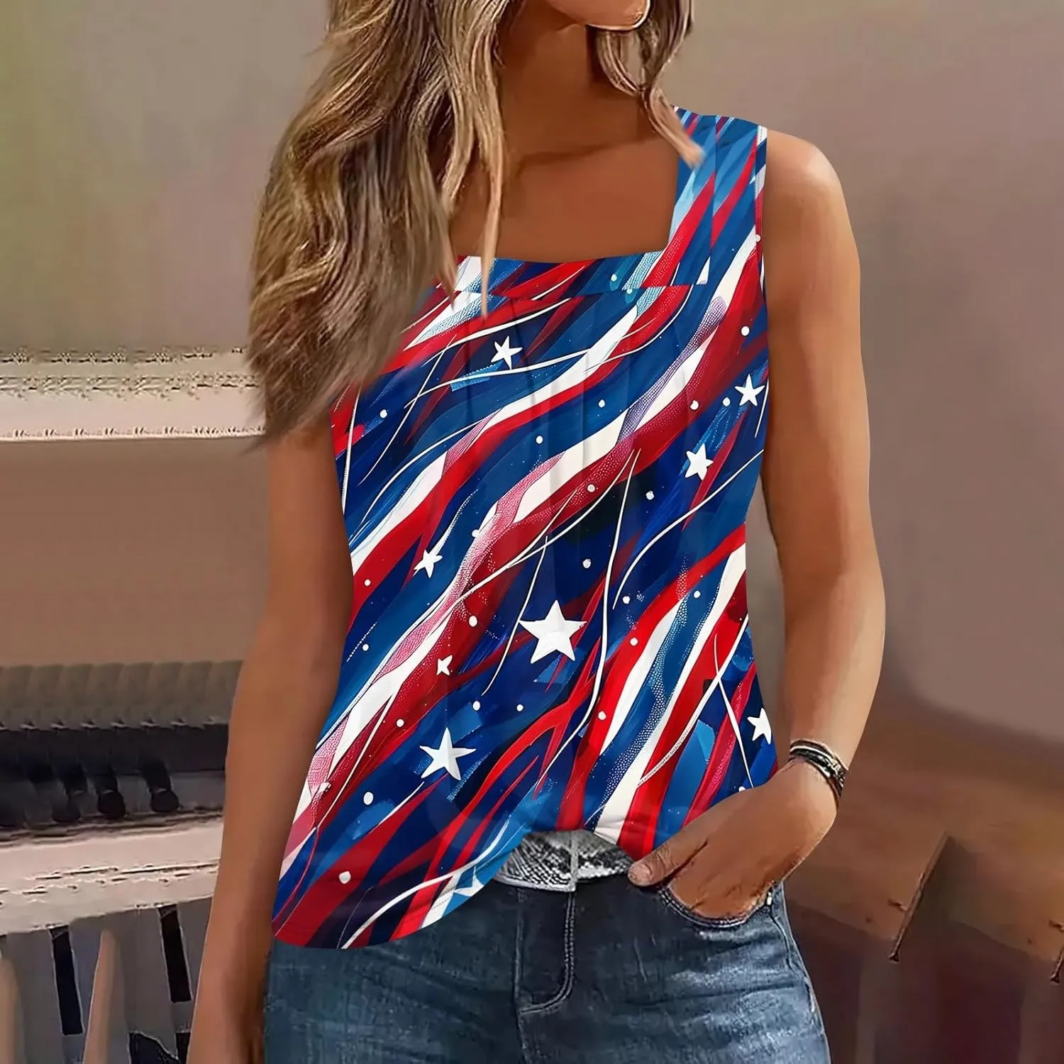 Red White and Blue Tank Top Women Pleated Square Neck Sleeveless Tops Loose Fit Curved Hem Flowy American Flag Shirt