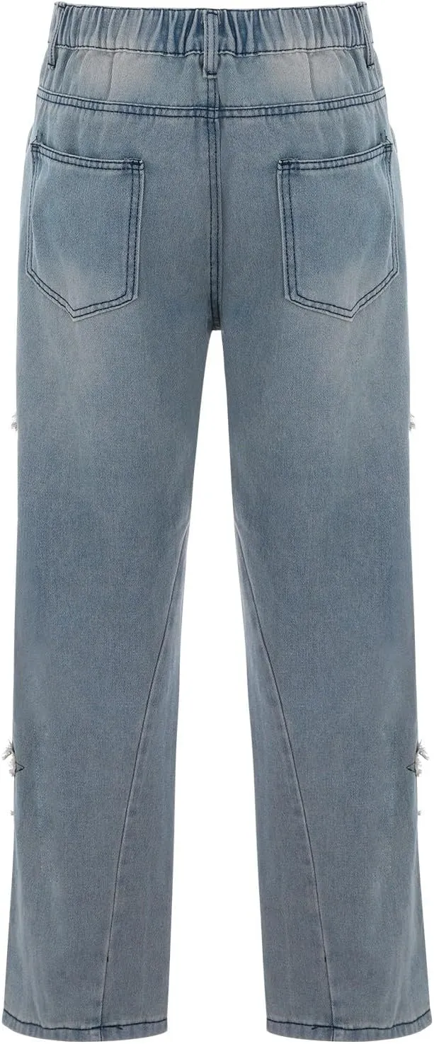 Ripped Jeans Men Skinny Classic Comfort Flex Retro Jeans Pants Lightweight Elastic Waist Denim Trousers