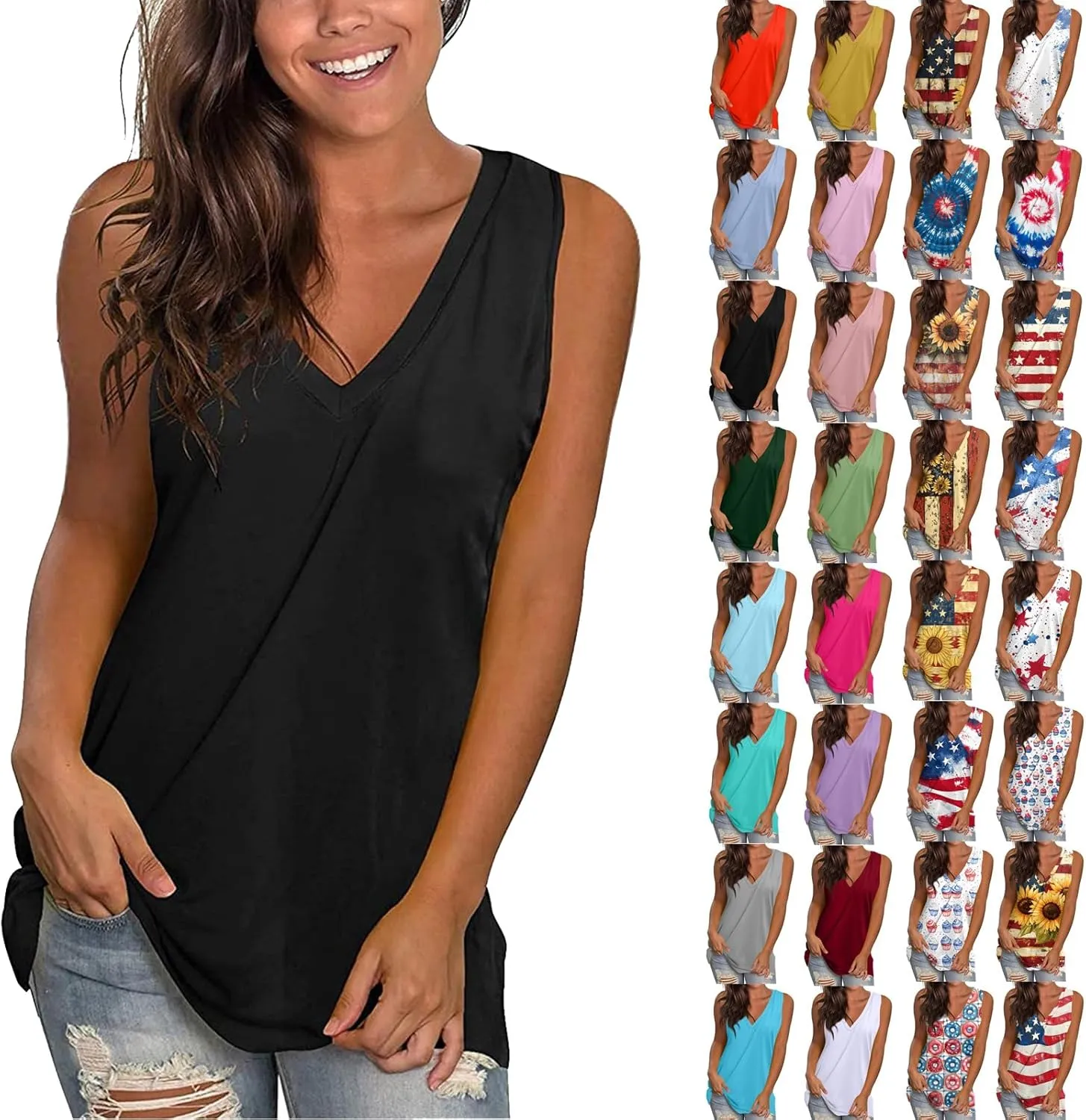 Tank Top for Women Summer V Neck T Shirts Loose Fit Sleeveless Cute Tanks Tees 4Th of July Outfits USA Comfy Clothes