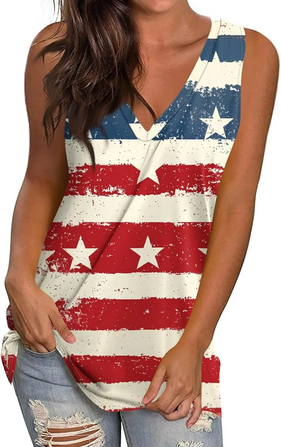 Tank Top for Women Summer V Neck T Shirts Loose Fit Sleeveless Cute Tanks Tees 4Th of July Outfits USA Comfy Clothes