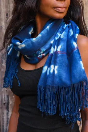 Tie Dyed Indigo Textile Scarf Shawl, Vintage African Mudcloth Cotton Fabric