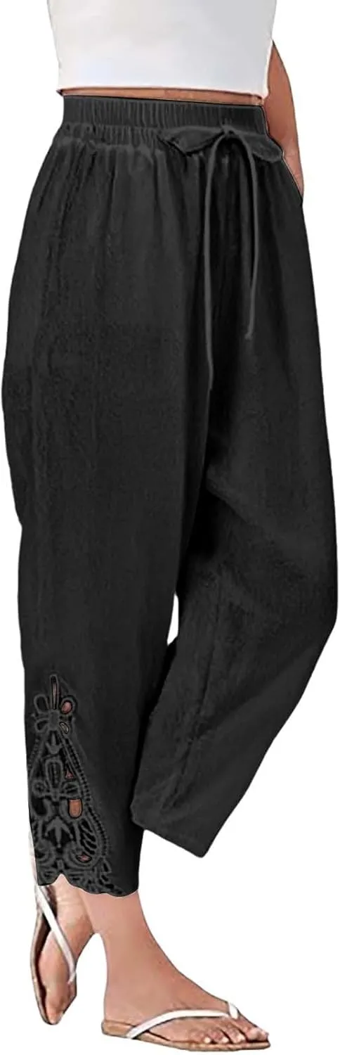 Women Casual Lightweight Drawstring Elastic Waist Pants with Pockets High Waist Straight Leg Beach Trousers 2025