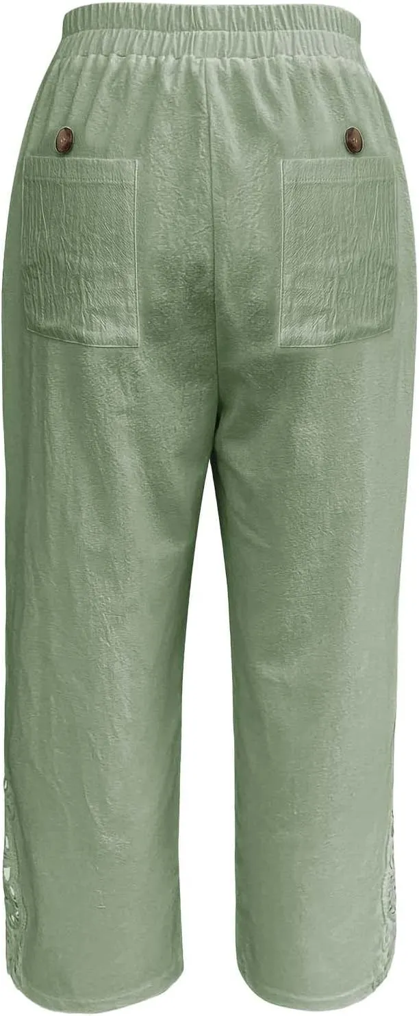 Women Casual Lightweight Drawstring Elastic Waist Pants with Pockets High Waist Straight Leg Beach Trousers 2025