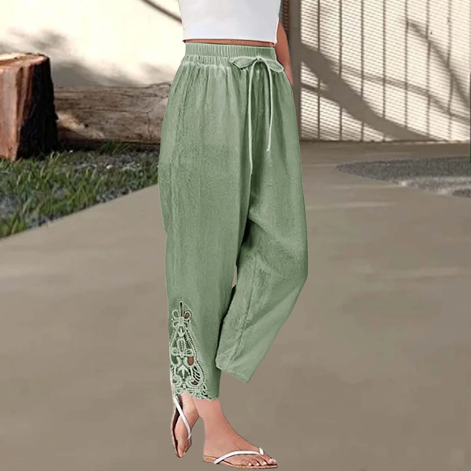 Women Casual Lightweight Drawstring Elastic Waist Pants with Pockets High Waist Straight Leg Beach Trousers 2025