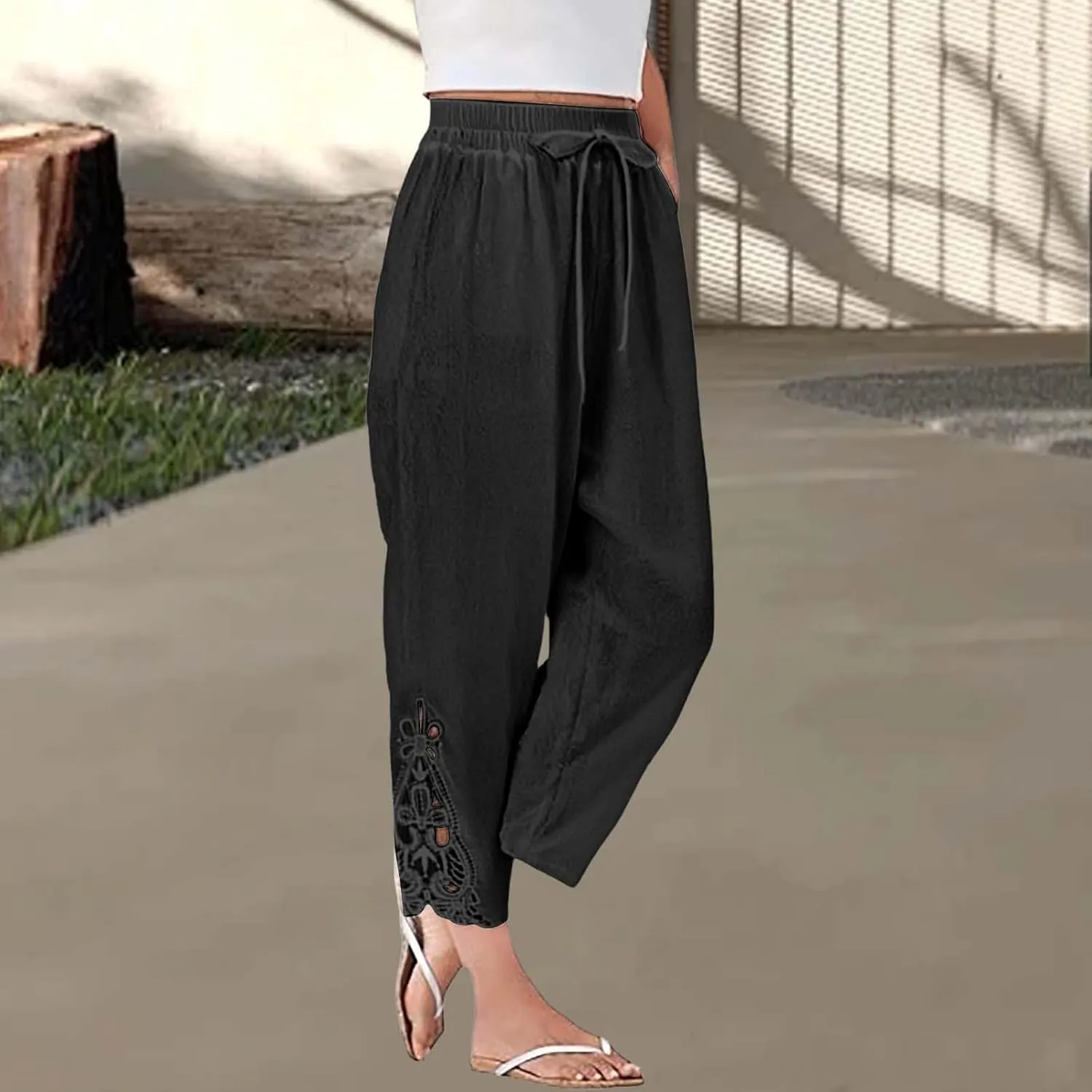 Women Casual Lightweight Drawstring Elastic Waist Pants with Pockets High Waist Straight Leg Beach Trousers 2025