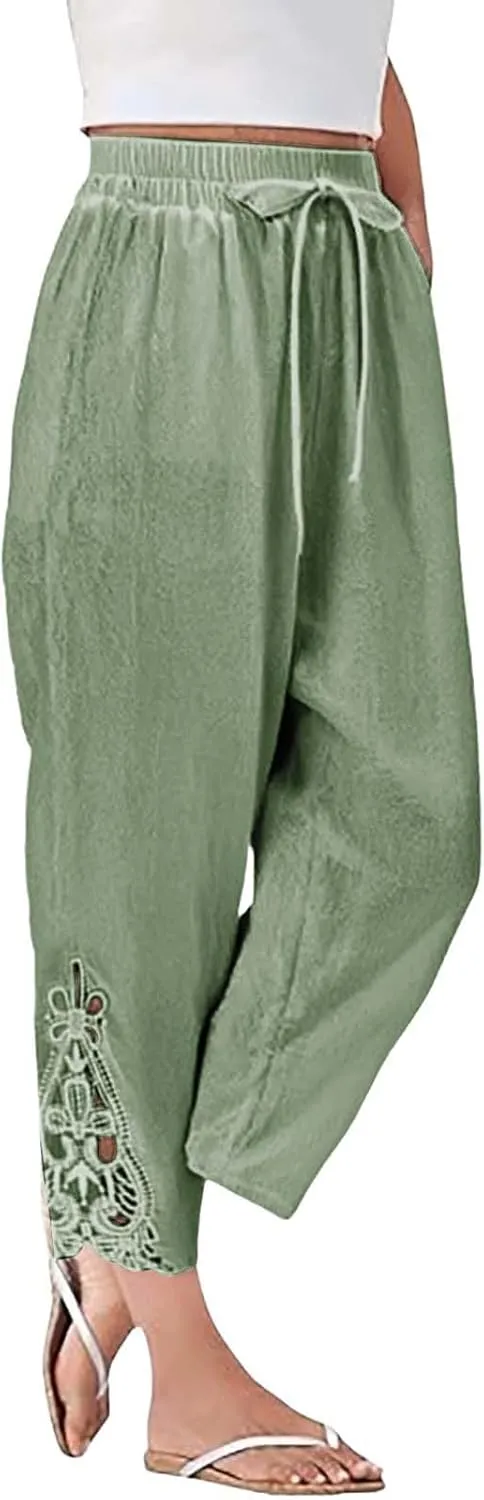 Women Casual Lightweight Drawstring Elastic Waist Pants with Pockets High Waist Straight Leg Beach Trousers 2025