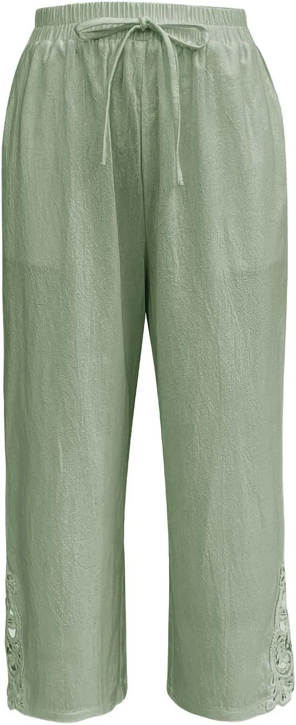 Women Casual Lightweight Drawstring Elastic Waist Pants with Pockets High Waist Straight Leg Beach Trousers 2025