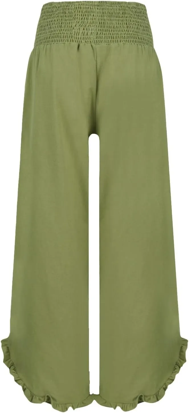 Women Oversized Elastic High Waist Linen Pants Smocked Waist Straight Leg Ruffle Hem Trousers Beach Flowy Casual Pant