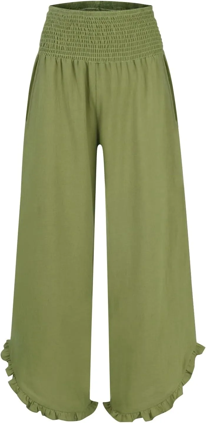 Women Oversized Elastic High Waist Linen Pants Smocked Waist Straight Leg Ruffle Hem Trousers Beach Flowy Casual Pant