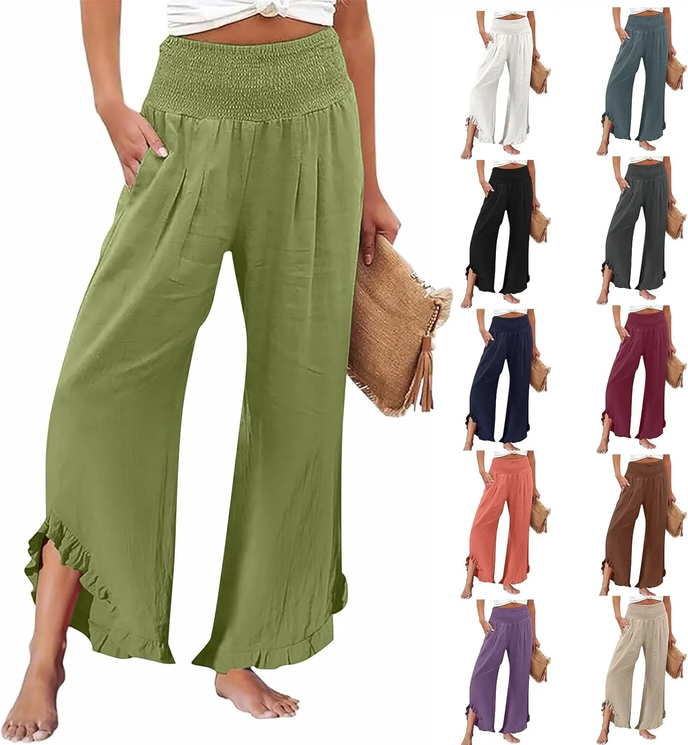 Women Oversized Elastic High Waist Linen Pants Smocked Waist Straight Leg Ruffle Hem Trousers Beach Flowy Casual Pant