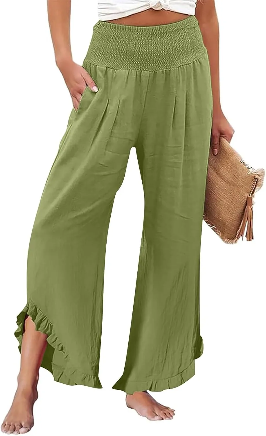 Women Oversized Elastic High Waist Linen Pants Smocked Waist Straight Leg Ruffle Hem Trousers Beach Flowy Casual Pant