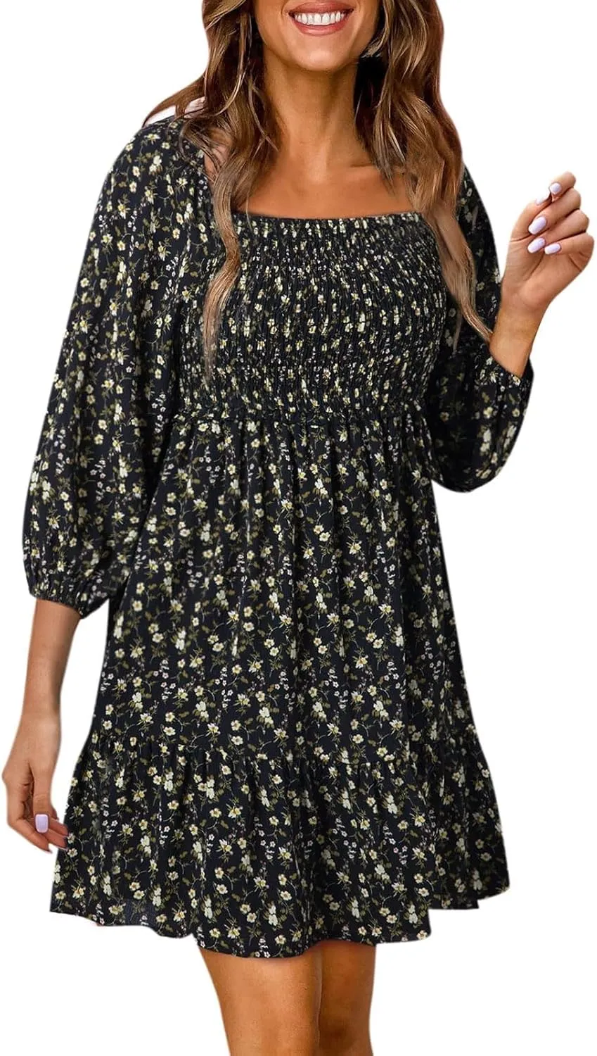Women Square Neck Smocked Dresses Floral Printed Ruffled Lantern Sleeves A Line Long Dress Swing Mini Dress Sundress